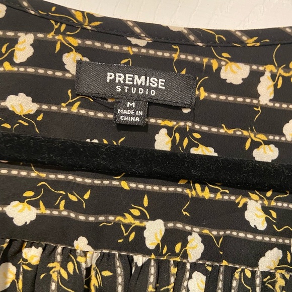 Premise Studio Black Yellow Floral Striped V Neck Tie Long Sleeve Blouse Size M - Picture 5 of 11